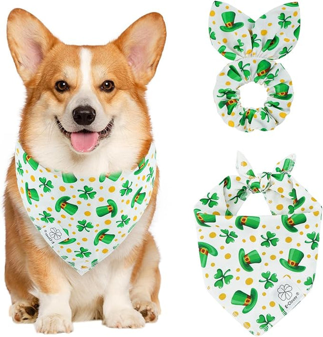 E-Clover St Patricks Day Dog Bandana & Matching Scrunchie Set Cute Girl Dog Scarf Bibs Pet Bandanas with Bow Tie for Small Dogs Puppy Owner Mom Green