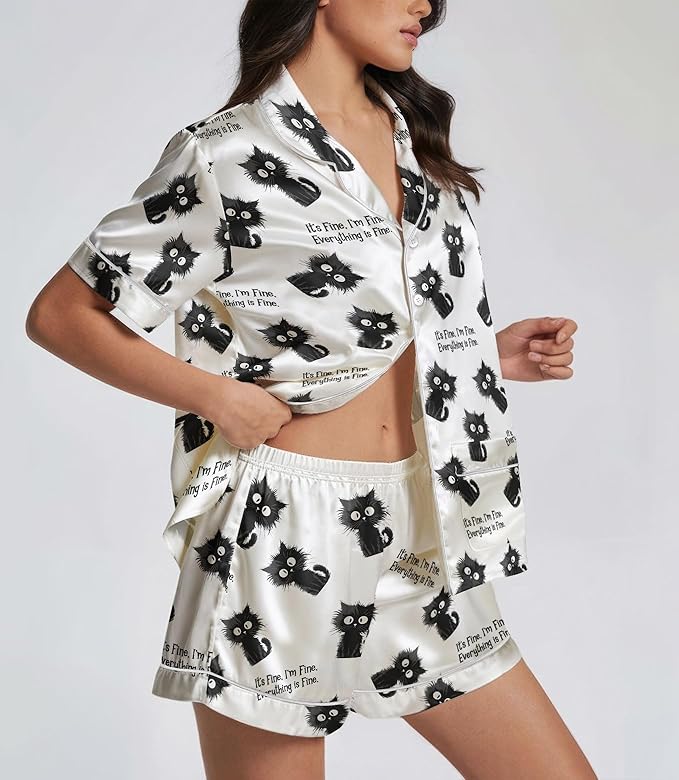 Women’s Silk Satin Pajama Set, Short Sleeve Button Down 2 Piece PJs with Shorts, Cozy Loungewear & Matching Holiday Pajamas