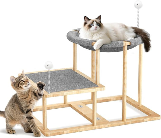 Pawaboo Elevated Cat Hammock Bed, 2-Tier Cats Bed with 2 Teasers, Wooden Cats Furniture with Kitten Scratching Mat,Double Cat Beds Interactive Stair Shaped Pet Hammock for Indoor Kitties Climbing