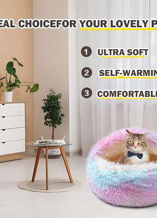 Cat Bed for Indoor Cats, Calming Cozy Cave with Self-Warming Plush, Entire Bed Machine Washable & Anti-Slip Base, Breathable Pet Bed for Small Cats&Dogs All Seasons (Dazzling Colors, 24 * 24inch)