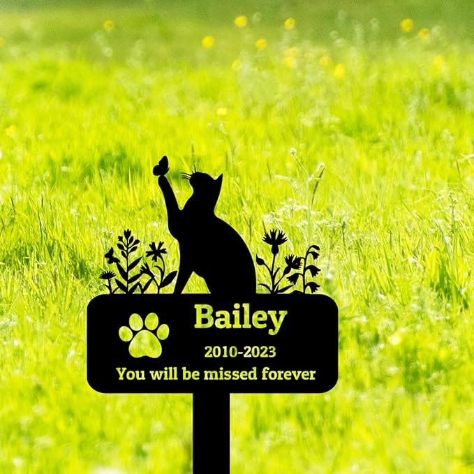 Personalized Metal Pet Memorial Garden Stake Cat Grave Marker, Custom Flowers Cat Memorial Grave Marker, Customized Memorial Stake Cat Garden Statue Pet Burial Marker Headstone for Cats