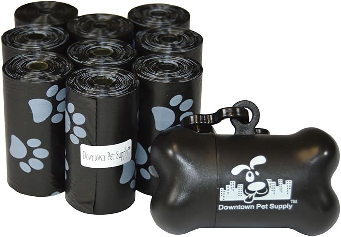 Downtown Pet Supply Poop Bags for Dogs with Dispenser, 180 Count - Leak-Proof Dog Waste Bags and Bone-Shaped Dog Poop Bags Holder for Leash - Black with Paw Prints, 12.5" x 8.5"