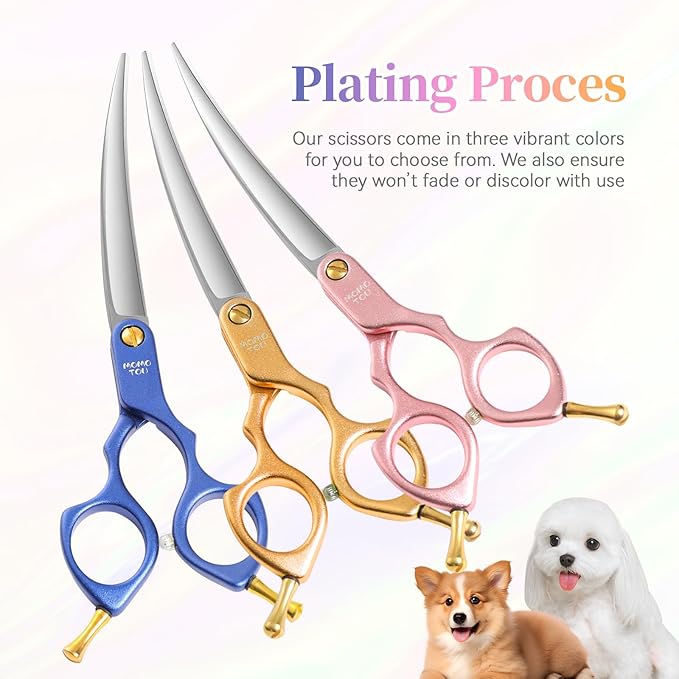 6.5'' Small Curved Dog Grooming Scissors Blue Professional Trimming Shears with Ultra-Lightweight Offset Handle CNC 440C Stainless Steel Blades Pet Scissors for Face and Paws