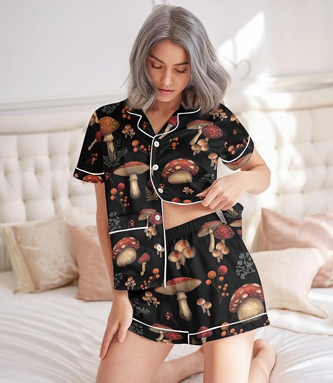 Women’s Silk Satin Pajama Set, Short Sleeve Button Down 2 Piece PJs with Shorts, Cozy Loungewear & Matching Holiday Pajamas
