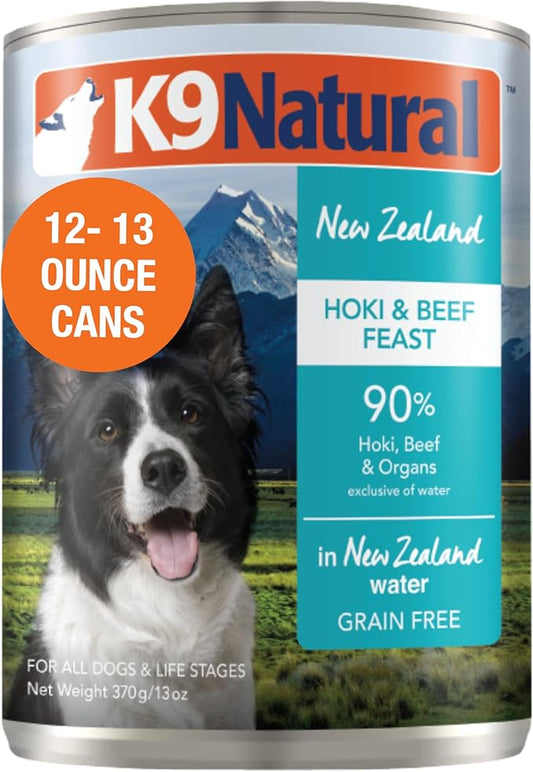 K9 Natural Wet Dog Food Pate, Hoki & Beef Feast, 13 Oz Cans (Pack of 12), Grain Free, Made in New Zealand with Sustainably Caught Hoki Fish and Grass-Fed and Finished Beef