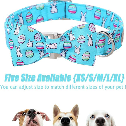 Easter Dog Collar with Bow Tie - Adjustable Easter Bunny Eggs Dog Collar Blue Rabbit Bowtie Metal Buckle Puppy Collars for Small Medium Large Dogs M