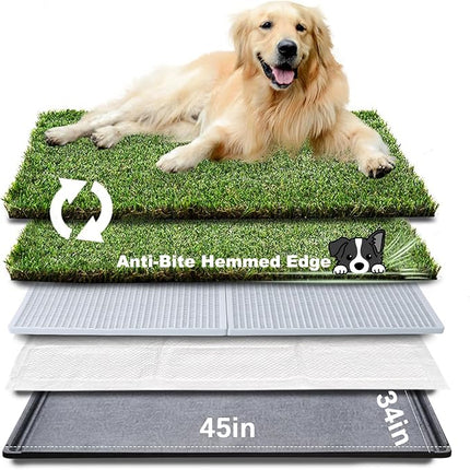 HQ4us Dog Grass Pad with Tray Extra Large 45”×34” Dog Litter Box Toilet with 2×Artificial Grass for Dogs with Hemmed Edge, Pee Pads for Dogs, Realistic, Less Stink, Potty for Balcony