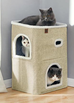CATBOAT 2-Storey Cat House for Indoor Cats Bed, Covered Beds & Furniture with Scratch Pad and Hideaway Cave, Cute Modern Condo for Multi Small Pet Large Kitten Kitty, Brown