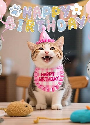 Cat Birthday Gift Set: Outfit Party Hat with Number,Bandana, Catnip Mice Toy, Decoration Bundle with Balloons&Banner suitable for Boy & Girl Kitten-Pink
