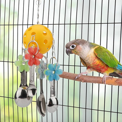 Hypeety Pet Parrot Toy Plastic Colorful Birds Ball with 1 Bell for Budgie African Grey Cockatoo Cockatiel Sun Conures 1 Ball with 5 Spoons