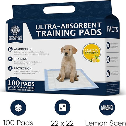 American Kennel Club Scented Puppy Training Pads with Ultra Absorbent Quick Dry Gel – 22 x 22 Pee Pads for Dogs - Lemon Scented - 100 Count (Pack of 2)
