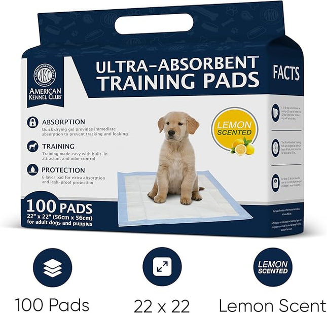 American Kennel Club Scented Puppy Training Pads with Ultra Absorbent Quick Dry Gel – 22 x 22 Pee Pads for Dogs - Lemon Scented - 100 Count (Pack of 2)