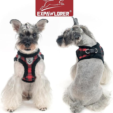 EXPAWLORER Fleece Lined Step-in Dog Harness - Soft Plush Padded Puppy Harness and Leash Set with Adjustable Dog Collar, No Pull Escape Proof Suede Dog Vest Harness for Small Dogs, Red & Black S