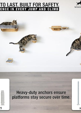 Cat Wall Shelves – Cat Wall Climber with Scratching Post, Removable Bed, Climbing Steps, and Feeding Terrace with Glass Bowls, Waterproof Rubberwood Pet Furniture