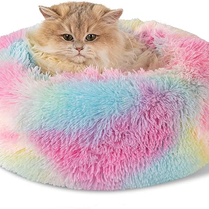 Dog Calming Beds for Small Medium Large Dogs - Round Donut Washable Puppy Dog Bed, Anti-Slip Faux Fur Fluffy Donut Cuddle Anxiety Cat Pet Bed(16'' Color)