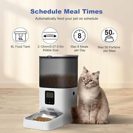 Automatic Cat Feeder, 6L Cat Food Dispenser with 10s Voice Recorder, Pet Feeder up to 8 Meals per Day, Timed Feeder with Dry Food Sealed Ring