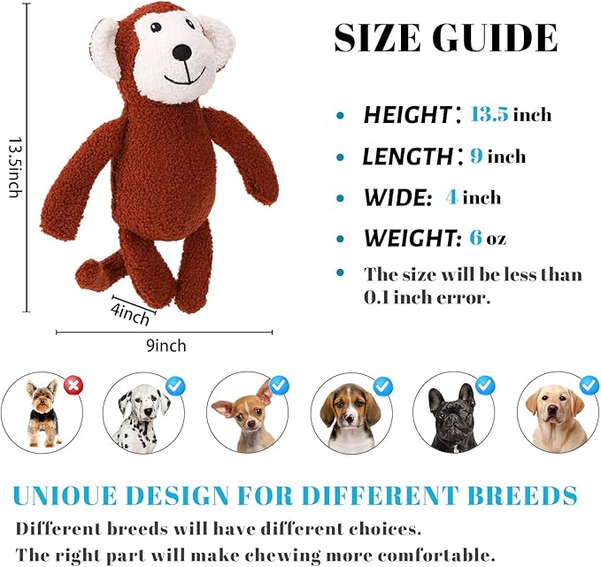 3-Layered Stuffed Dog Toys for Medium Large Dogs, Large Plush Squeaky Dog Toys to Keep Them Busy for Small Medium Large Breed, Cute Animals Puppy Teething Chew Toys - Monkey L