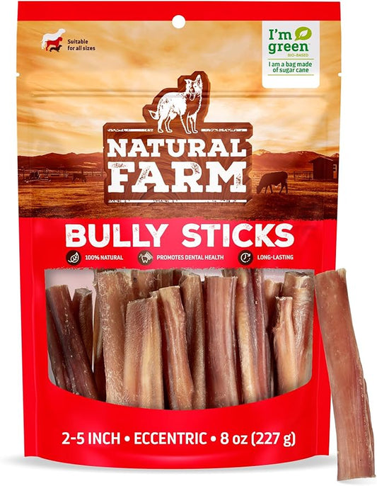 Natural Farm Odor Free Eccentric Bully Sticks (2-5 Inch, 8 Ounces Bag) for Small & Medium Dogs - 100% Beef Chews for Pups, Non-GMO, Grain-Free, Fully Digestible Long Lasting Dog Treats