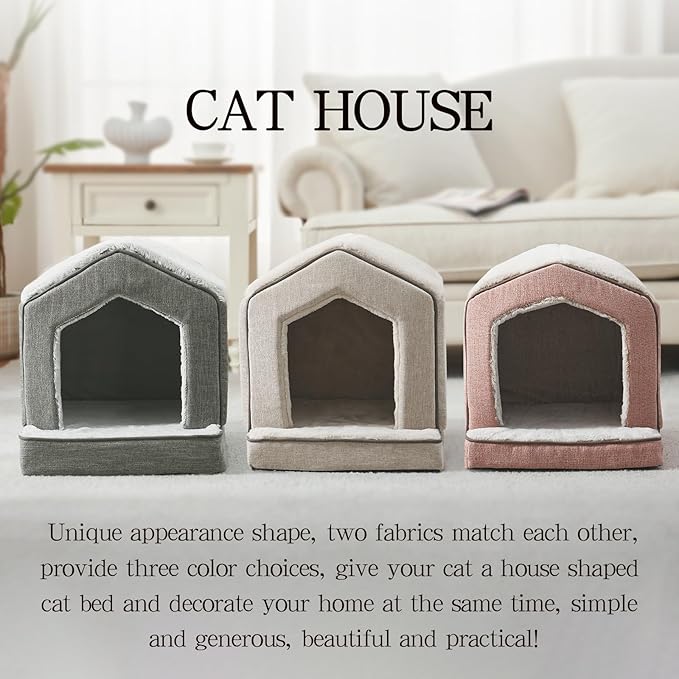 Orthopedic Cat Houses for Indoor Cats,Small Dogs,Super Soft Cat Bed Cave,Condos, Cubes,Cat Hideaway,Covered,Cat Bed for Kitty Small Medium Large Pet (Beige, 18" L x 15" W x 17" Th)