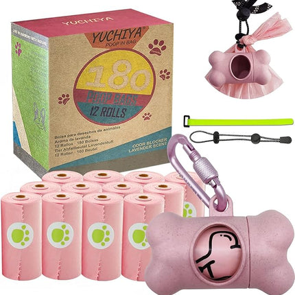 Dog Poop Pickup Bags Holder Dispenser with Standard-Sized Leak-Proof Scented Doggy Waste Bags and Carabiner with Safety Lock&Fastener Never Loose on Leash Lead Again (1 Holder 195 Bags, Pink)