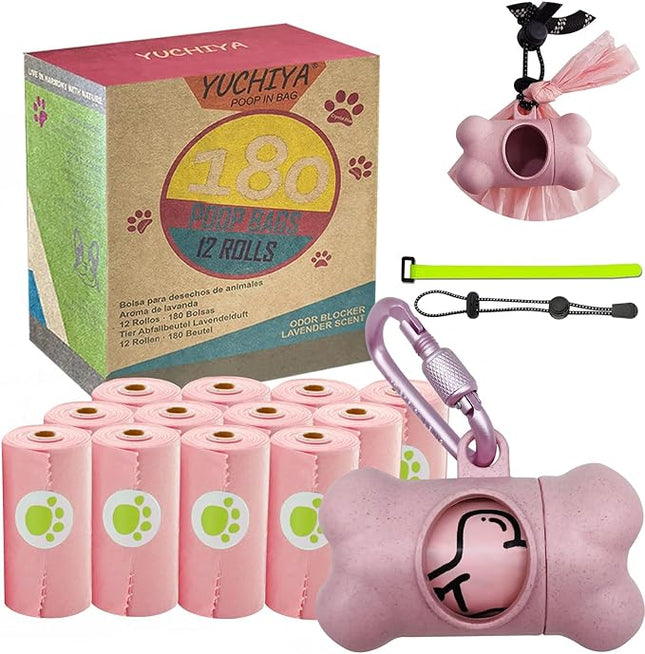 Dog Poop Pickup Bags Holder Dispenser with Standard-Sized Leak-Proof Scented Doggy Waste Bags and Carabiner with Safety Lock&Fastener Never Loose on Leash Lead Again (1 Holder 195 Bags, Pink)