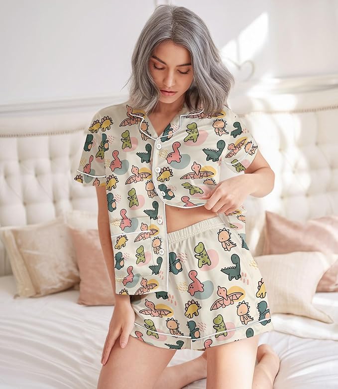 Women’s Silk Satin Pajama Set, Short Sleeve Button Down 2 Piece PJs with Shorts, Cozy Loungewear & Matching Holiday Pajamas