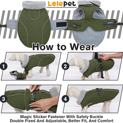 Lelepet Warm Dog Coat Waterproof Dog Jacket for Large Dogs Reflective Fleece Vest with Adjustable Buckle Hook & Loop Windproof Cold Weather Coats for Small Medium Large Dogs, Army Green, L