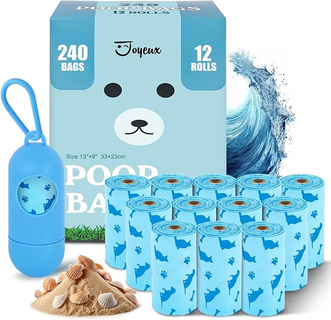 Joyeux 240 Count Ocean Scent Dog Poop Bags Rolls,with Dispenser,Leak-Proof Large Doggie,Extra Thick Poop Bag for Dogs,Cats Litter Bags,Blue Trash Bags for Doggy Pets Bolsa de Popo de Perro