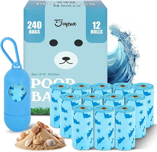 Joyeux 240 Count Ocean Scent Dog Poop Bags Rolls,with Dispenser,Leak-Proof Large Doggie,Extra Thick Poop Bag for Dogs,Cats Litter Bags,Blue Trash Bags for Doggy Pets Bolsa de Popo de Perro