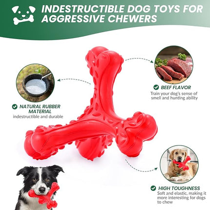 Dog Chew Toys for Aggressive Chewers Large Breed,Indestructible Bones Toy，Durable Cleaning Toothbrush Natural Rubber Dog Toys… (Red)