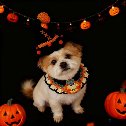 Halloween Dog Costume – Handmade Black Witch Hat & Cute Pumpkin Bandana, Adjustable Cat Outfit for Cats & Small Dogs, Lightweight & Breathable, Festive Pet Accessories