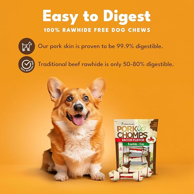Pork Chomps Baked Pork Skin Dog Chews, 6-inch Knots, Bacon Flavor Strip, 8 Count
