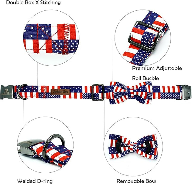 Lionheart glory American Flag Dog Collar 4 of July Independence Patriotic Dog Bow Collars Heavy Duty Adjustable Soft Collar with Bowtie for Medium Dogs Pet Gift