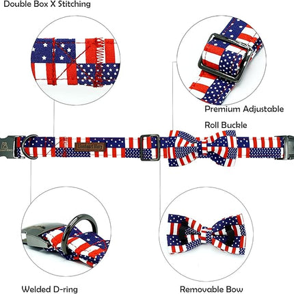 Lionheart glory American Flag Dog Collar 4 of July Independence Patriotic Dog Bow Collars Heavy Duty Adjustable Soft Collar with Bowtie for Small Dogs Pet Gift