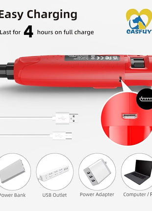 Casfuy Dog Nail Grinder Quiet - (45db) 6-Speed Pet Nail Grinder with 2 LED Lights for Large Medium Small Dogs/Cats, Professional 3 Ports Rechargeable Electric Dog Nail Trimmer with Dust Cap(Red)
