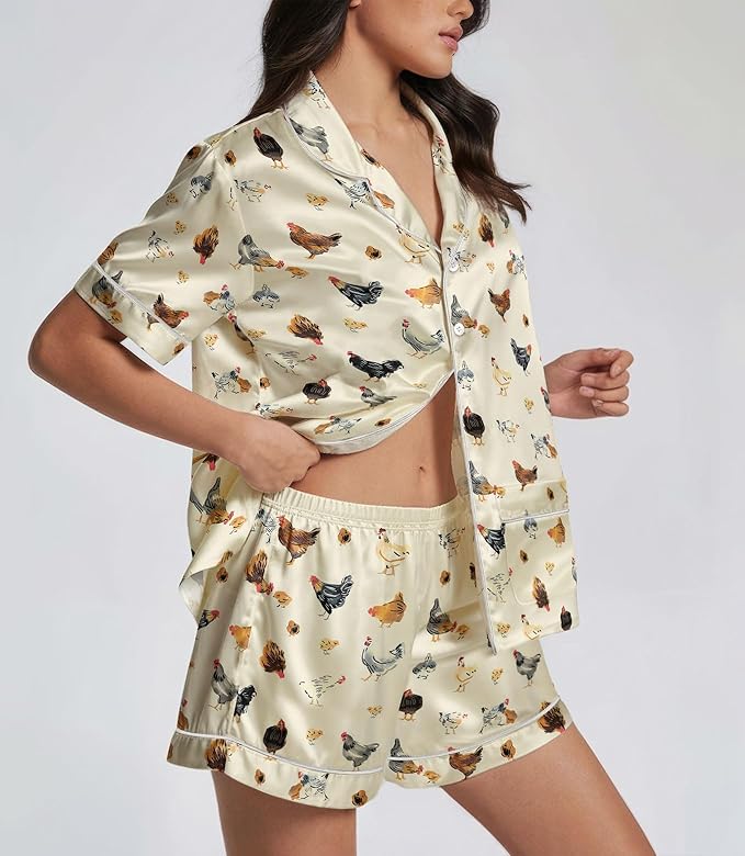 Women’s Silk Satin Pajama Set, Short Sleeve Button Down 2 Piece PJs with Shorts, Cozy Loungewear & Matching Holiday Pajamas