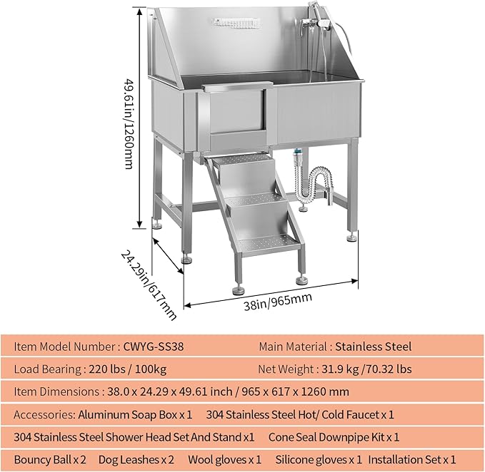 38" Professional Stainless Steel Dog Grooming Tub W/Soap Box, Faucet,Rich Accessory, Bathtub for Multiple Pets, Washing Sink for Home,L-Door