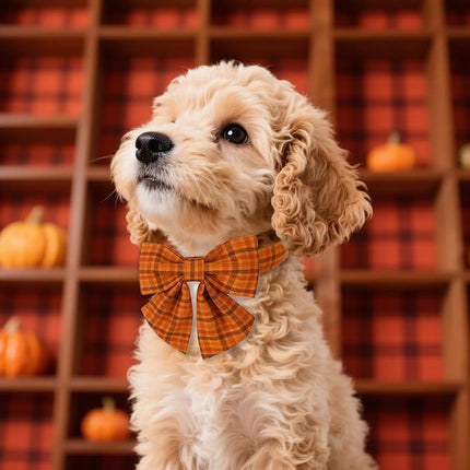 Maca Bates Fall Pumpkin Plaid Dog Collar with Sailor Bow Tie for Extra Small Girl,Boy,Autumn Checkered Puppy Collars with Bowtie,Halloween Gingham Print Adjustable Breakaway Soft for Male Female Dogs