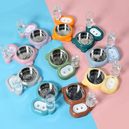 Dog Bowls, Cat Food and Water Bowl Set with Water Dispenser and Stainless Steel Bowl for Cats and Small Dogs - Dark Green