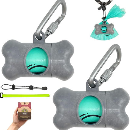 Dog Poop Pickup Bags Holder Dispenser with Standard-Sized Leak-Proof Scented Doggy Waste Bags and Carabiner with Safety Lock&Fastener Never Loose on Leash Lead Again (2 Holders 30 Bags, Grey)