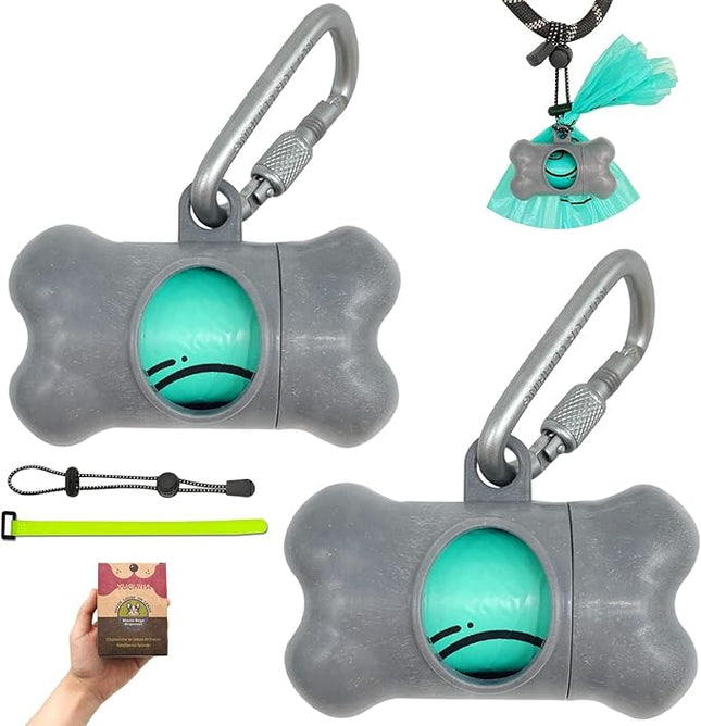 Dog Poop Pickup Bags Holder Dispenser with Standard-Sized Leak-Proof Scented Doggy Waste Bags and Carabiner with Safety Lock&Fastener Never Loose on Leash Lead Again (2 Holders 30 Bags, Grey)