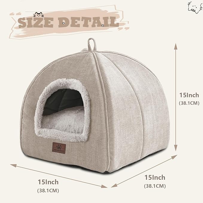 WINDRACING Cat Bed for Indoor Cats - Cat House Cats Tent with Removable Washable Cushioned Pillow, Soft and Self Kitten beds,for Small and Medium Pet Bed, Beige