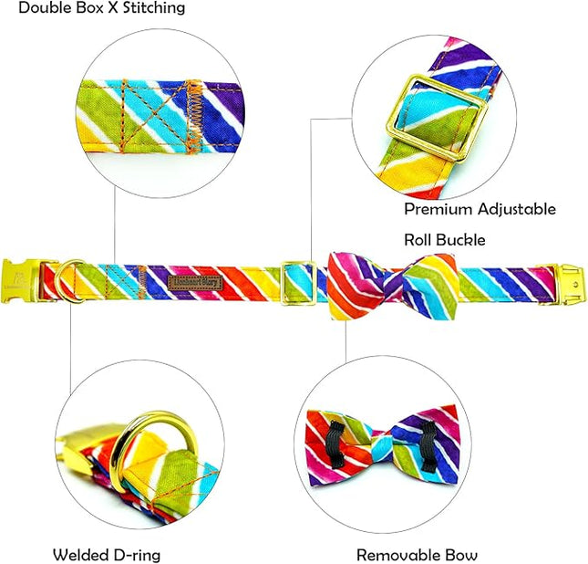 Lionheart glory Rainbow Dog Collar with Bowtie Colorful Summer Dog Bow Collars Heavy Duty Adjustable Pride Collars for Small Dogs Pet Gift Holiday