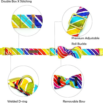 Lionheart glory Rainbow Dog Collar with Bowtie Colorful Summer Dog Bow Collars Heavy Duty Adjustable Pride Collars for Small Dogs Pet Gift Holiday