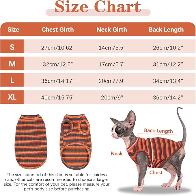 BRKURLEG Sphynx Hairless Cats Shirt Puppy Clothes Soft Cotton T-Shirts Cute Cats Pajamas Cat Stripes Vest Pet Sweater, Round Collar Vest Kitten Shirts(Red Stripes, L)