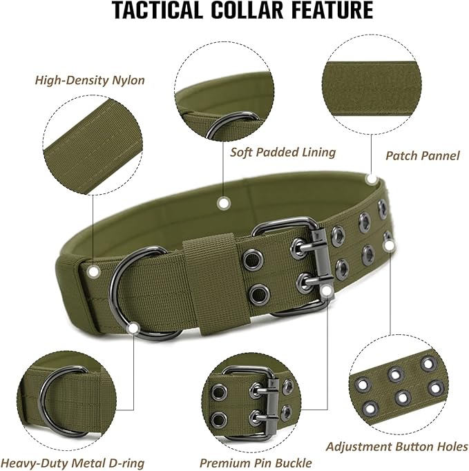 Tactical Dog Collar Military Adjustable Dog Collars Soft Nylon Training Collar with Patch Heavy Duty Metal Buckle Collars for Medium Large Dogs (Green, M)