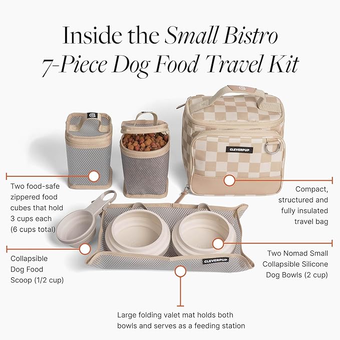 Small 7-Piece Bistro Box Dog Food Travel Kit, 6-Cup Kibble Storage, 2 Silicone Bowls, Mat & Scoop - Premium Portable Pet Food Kit for Weekends, Overnights, Daycare & Camping, Checkerboard