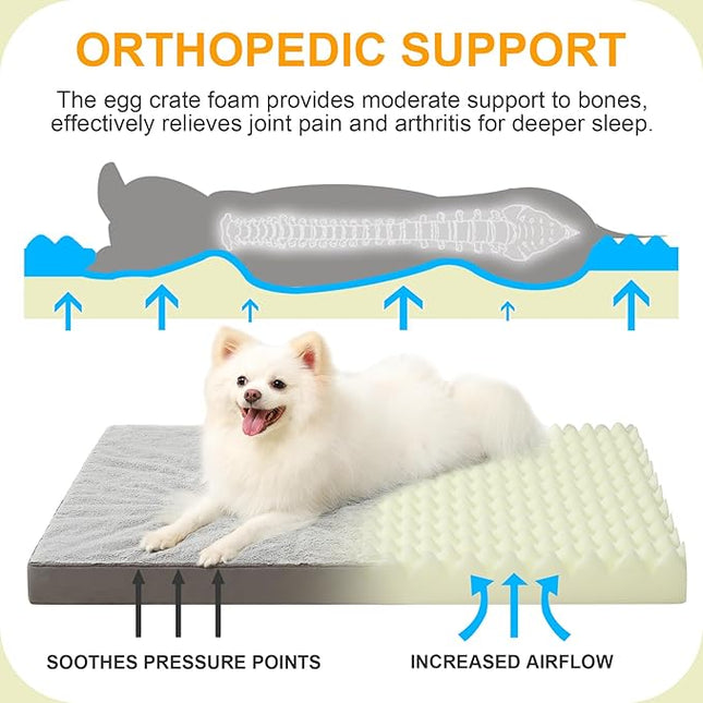 KSIIA Orthopedic Dog Bed - Waterproof Crate Bed for Small Dogs, Deluxe Plush Washable with Egg Crate Foam & Removable Cover, 23 x 17 Inch, Gray