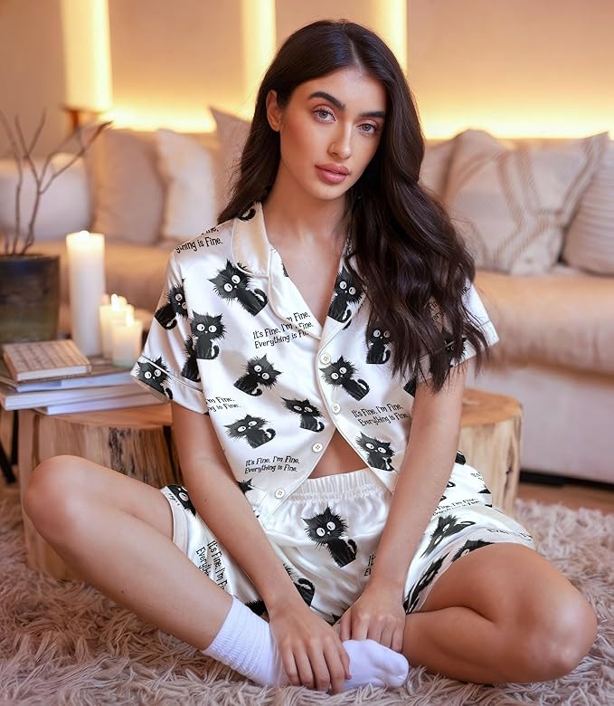 Women’s Silk Satin Pajama Set, Short Sleeve Button Down 2 Piece PJs with Shorts, Cozy Loungewear & Matching Holiday Pajamas