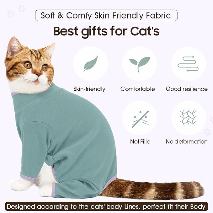DENTRUN Cat Clothes for Hair Control with Hair Sticky Fabric - Soft Recovery Suit & Breathable Lint-Resistant Cat Sweater for Cats Only, Kitten Onesie Pajamas, M, Bean Green